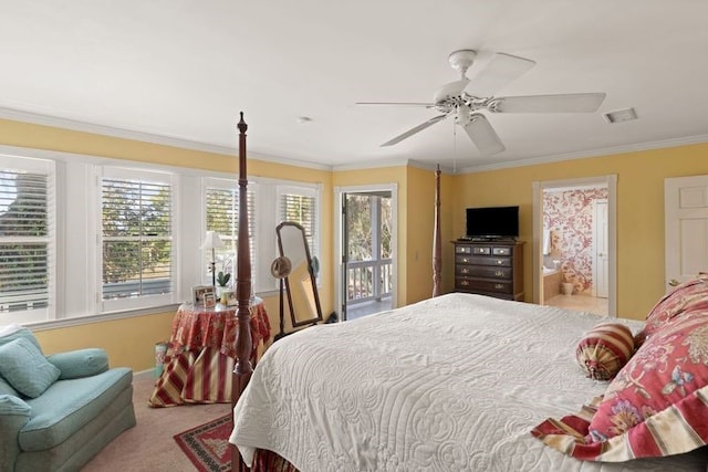 carpeted bedroom with crown molding, access to exterior, and ceiling fan