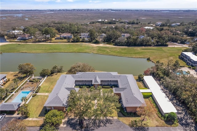 drone / aerial view featuring a water view