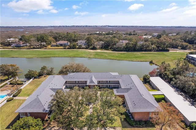 bird's eye view with a water view