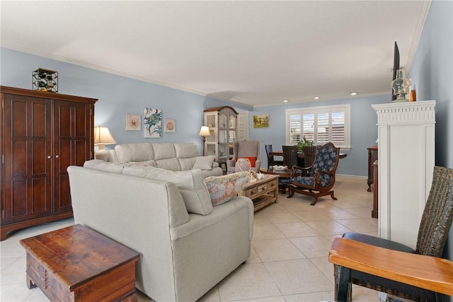 living area with light tile patterned floors, recessed lighting, crown molding, and baseboards