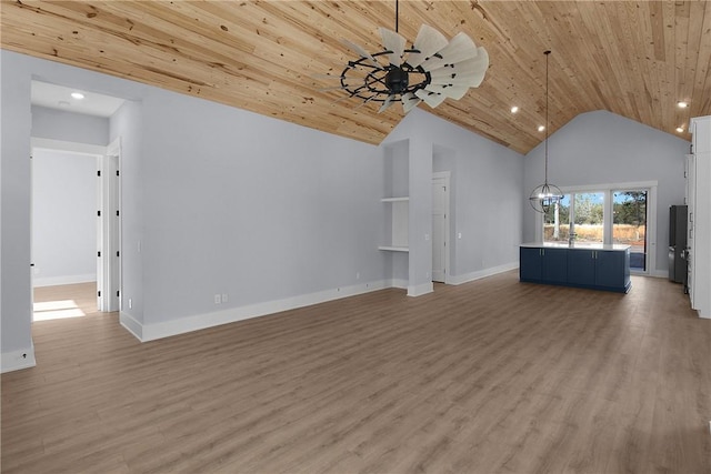 unfurnished living room with baseboards, light wood finished floors, recessed lighting, wooden ceiling, and ceiling fan with notable chandelier