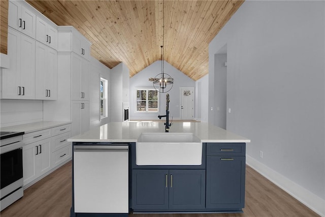 kitchen featuring wood ceiling, white dishwasher, electric range, white cabinetry, and a sink