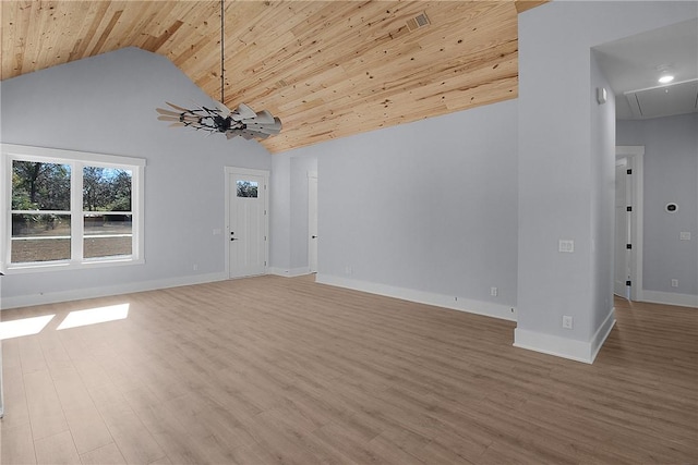 interior space with wood ceiling, baseboards, attic access, and wood finished floors