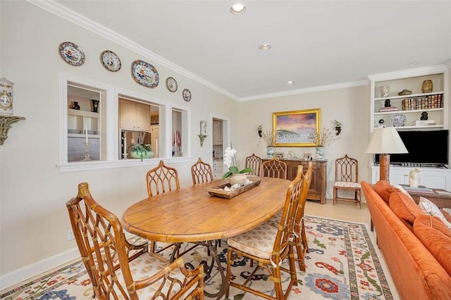 1212 River Club Dr, Sea Island, GA 31561 - dining area with crown molding, light wood-style floors, recessed lighting, and built in features