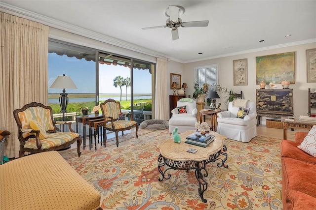 1212 River Club Dr, Sea Island, GA 31561 - living room with a ceiling fan and crown molding