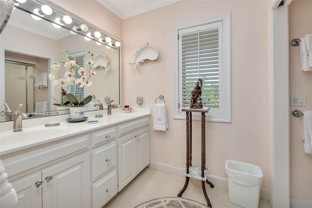 1212 River Club Dr, Sea Island, GA 31561 - full bath with double vanity, ornamental molding, and a shower with door