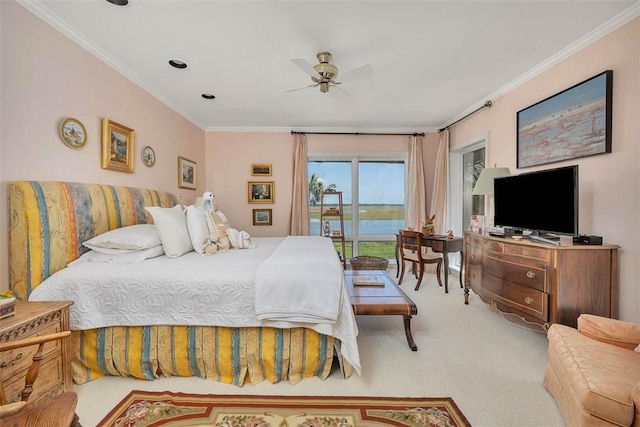 1212 River Club Dr, Sea Island, GA 31561 - bedroom with access to outside, carpet flooring, ornamental molding, and ceiling fan