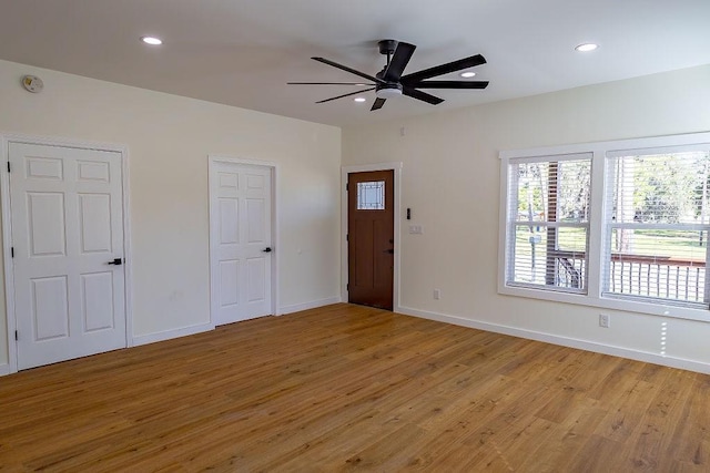 foyer entrance featuring light wood finished floors, baseboards, recessed lighting, and a ceiling fan