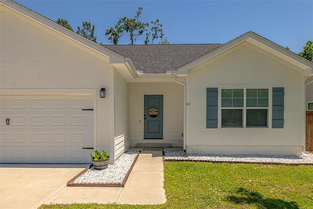 63 Greyfield Dr, Brunswick, GA 31525 - entrance to property with an attached garage, a shingled roof, driveway, and a lawn