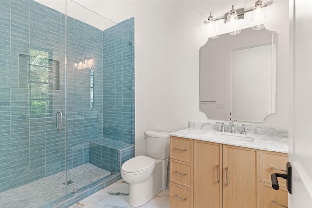 104 Point Ln, Saint Simons Island, GA 31522 - full bathroom featuring vanity, a shower stall, and marble look tiles