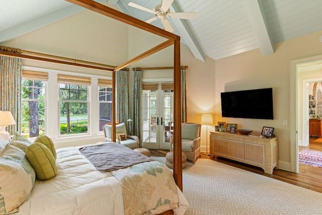 bedroom with high vaulted ceiling, french doors, light hardwood / wood-style flooring, ceiling fan, and beamed ceiling