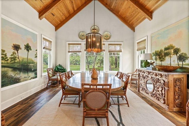 sunroom featuring a chandelier, plenty of natural light, and wood ceiling