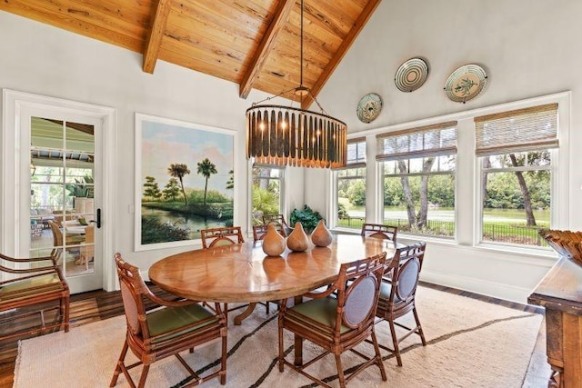 sunroom / solarium featuring vaulted ceiling with beams, wood ceiling, and a chandelier