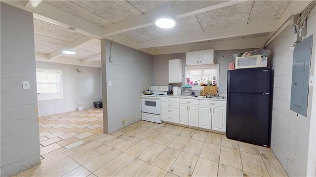 kitchen with white appliances, sink, beamed ceiling, electric panel, and white cabinetry