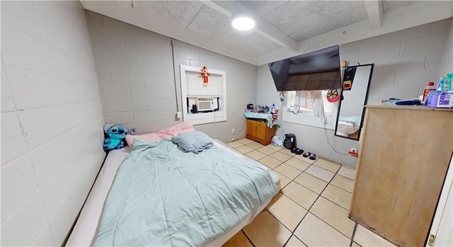 tiled bedroom with beam ceiling and cooling unit