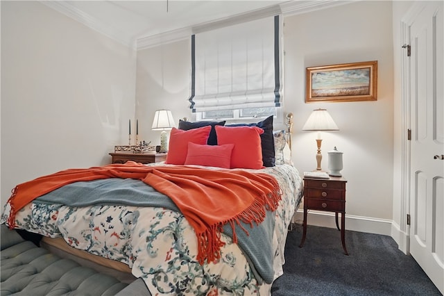 bedroom featuring ornamental molding, carpet flooring, and baseboards