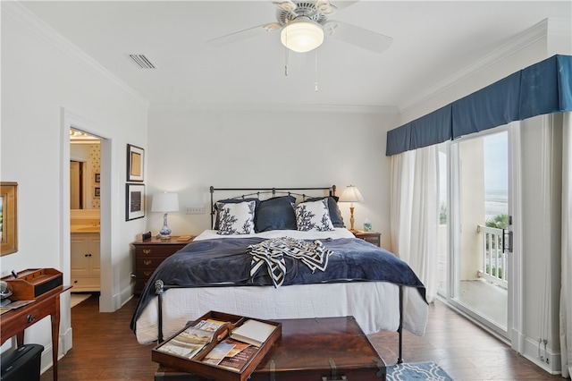 bedroom with access to outside, crown molding, dark wood finished floors, a ceiling fan, and baseboards