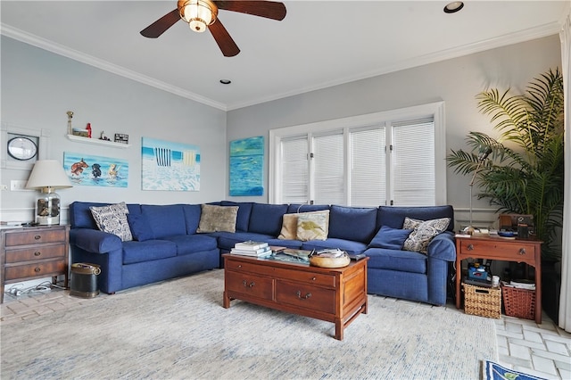 living room featuring ornamental molding, ceiling fan, and recessed lighting
