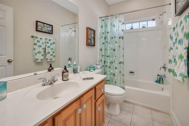 full bathroom with toilet, shower / tub combo, vanity, and tile patterned floors