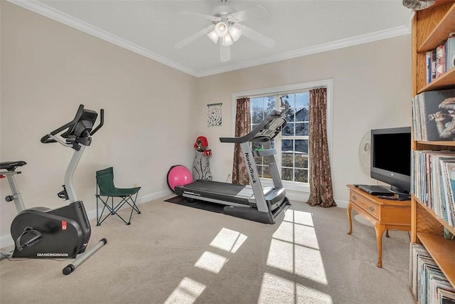 workout room featuring light carpet, ceiling fan, and ornamental molding