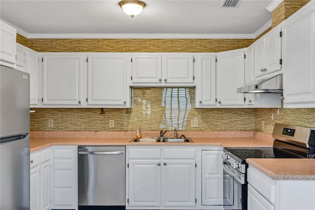 kitchen with under cabinet range hood, white cabinetry, stainless steel appliances, and a sink