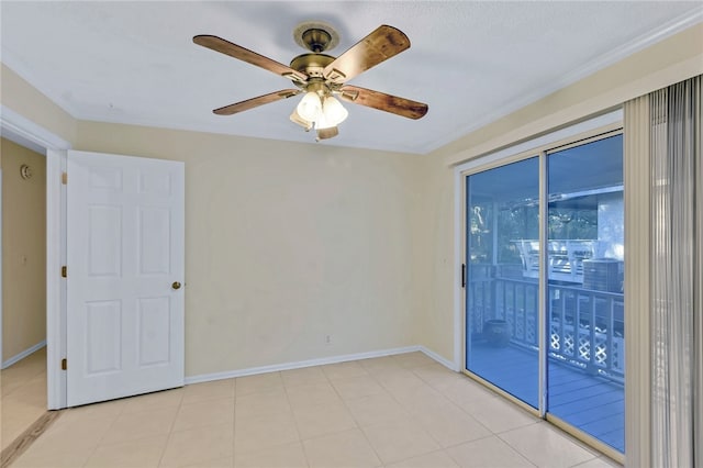 unfurnished room with ceiling fan, ornamental molding, and baseboards