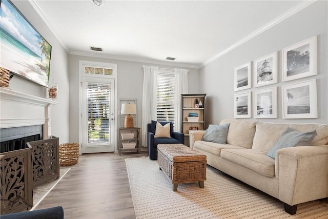 living room featuring crown molding and hardwood / wood-style flooring