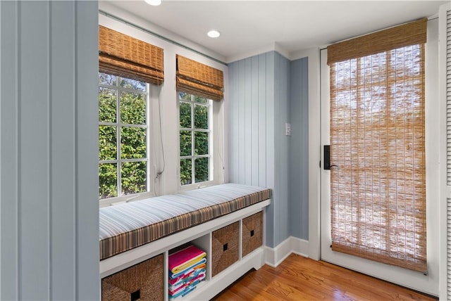 mudroom with light hardwood / wood-style flooring