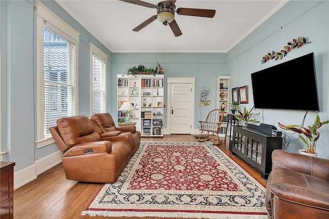 1000 Union St, Brunswick, GA 31520 - living room featuring hardwood / wood-style flooring, plenty of natural light, ceiling fan, and ornamental molding