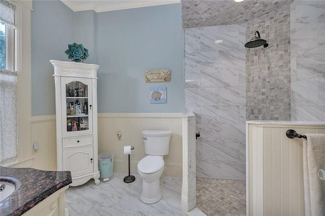 1000 Union St, Brunswick, GA 31520 - full bathroom featuring a walk in shower, vanity, marble finish flooring, and wainscoting