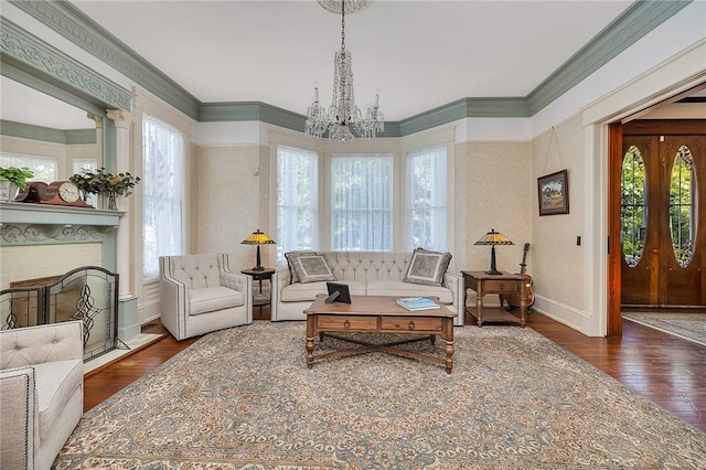1000 Union St, Brunswick, GA 31520 - living area with a chandelier, wood-type flooring, and crown molding