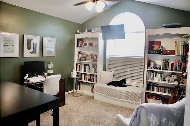 102 Avalon Ct, Kingsland, GA 31548 - carpeted home office with lofted ceiling and a ceiling fan