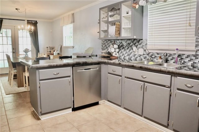 102 Avalon Ct, Kingsland, GA 31548 - kitchen with dishwasher, a peninsula, gray cabinets, tasteful backsplash, and dark countertops