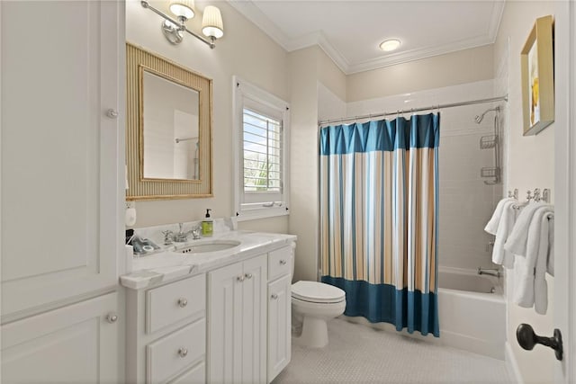 full bath featuring shower / bath combo, vanity, toilet, ornamental molding, and tile patterned flooring