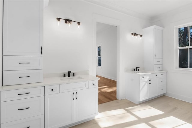 bathroom featuring hardwood / wood-style flooring, vanity, and ornamental molding