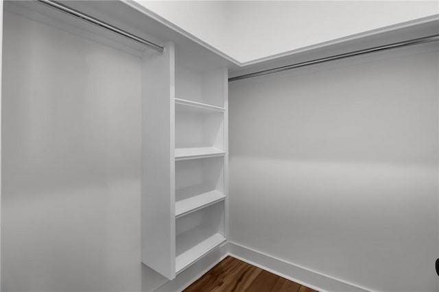 walk in closet with dark hardwood / wood-style flooring