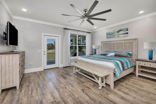 bedroom with ceiling fan, crown molding, access to outside, and light hardwood / wood-style flooring