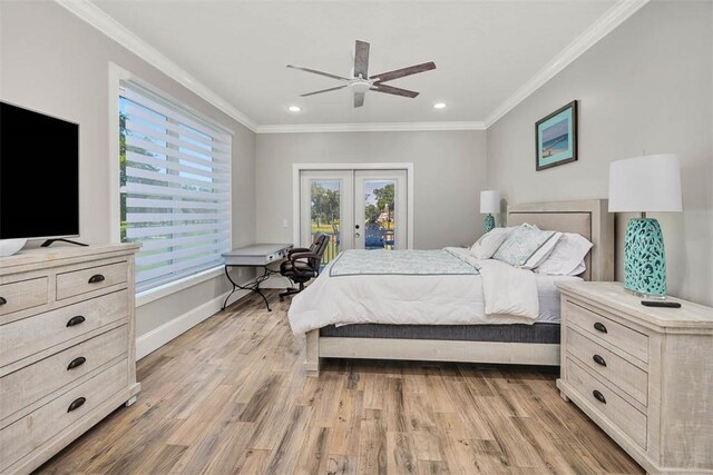 bedroom featuring french doors, crown molding, ceiling fan, access to exterior, and wood-type flooring