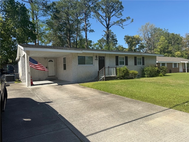single story home with a front lawn, stucco siding, driveway, and an attached carport