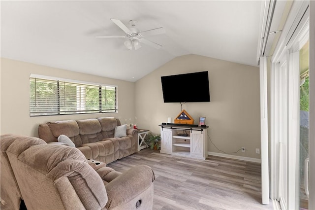 127 Landover Dr, Brunswick, GA 31525 - living area featuring vaulted ceiling, light wood-style flooring, ceiling fan, and baseboards