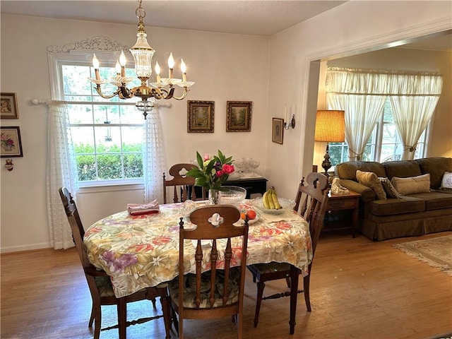 dining area with an inviting chandelier, a healthy amount of sunlight, and wood-type flooring