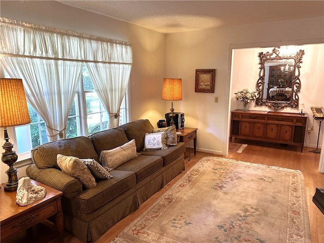 living room featuring a textured ceiling and light hardwood / wood-style flooring