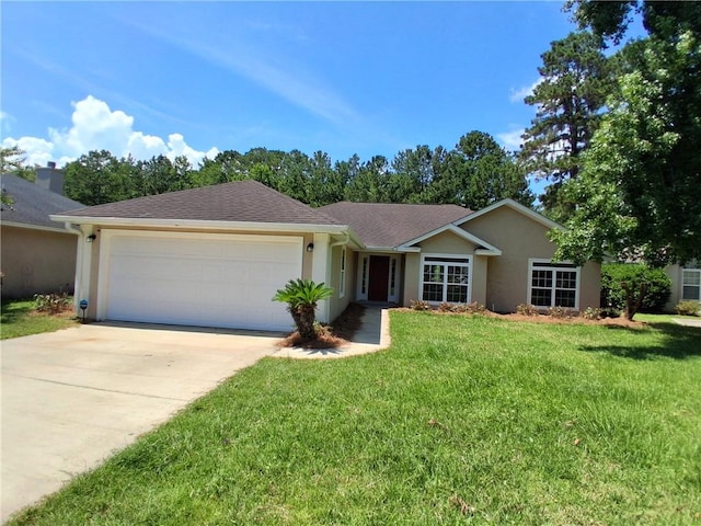 43 Shadowlake Ct, Brunswick, GA 31525 - ranch-style home with a garage, concrete driveway, stucco siding, and a front yard