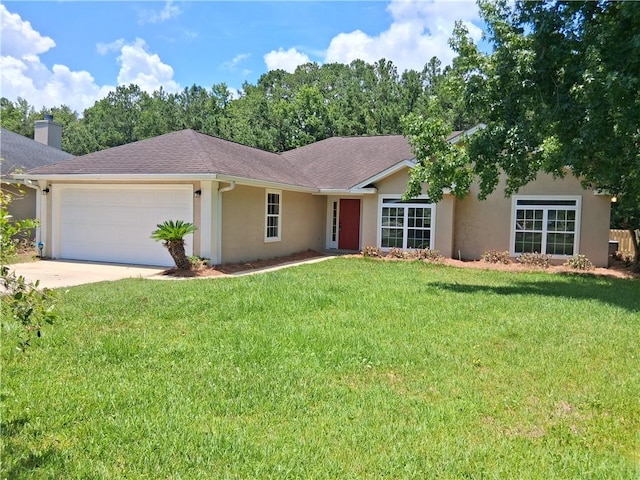 43 Shadowlake Ct, Brunswick, GA 31525 - ranch-style home with a garage, stucco siding, a front lawn, driveway, and a chimney