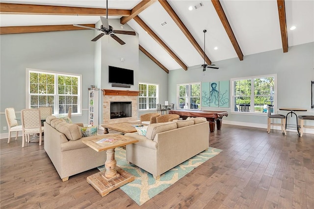 living area with a ceiling fan, pool table, high vaulted ceiling, baseboards, and beamed ceiling