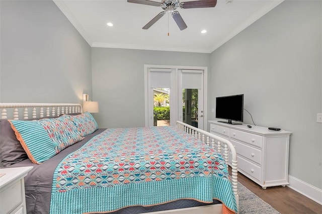 bedroom with ceiling fan, access to exterior, ornamental molding, baseboards, and dark wood-style floors