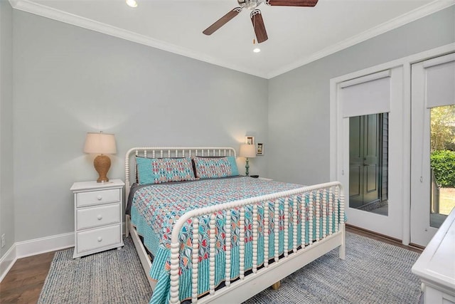 bedroom with access to exterior, recessed lighting, baseboards, wood finished floors, and ornamental molding