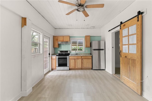 1207 Lanier Blvd, Brunswick, GA 31520 - kitchen with appliances with stainless steel finishes, wood ceiling, ceiling fan, sink, and a barn door