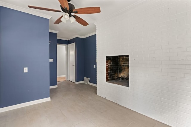 1207 Lanier Blvd, Brunswick, GA 31520 - spare room with a brick fireplace, ceiling fan, and crown molding