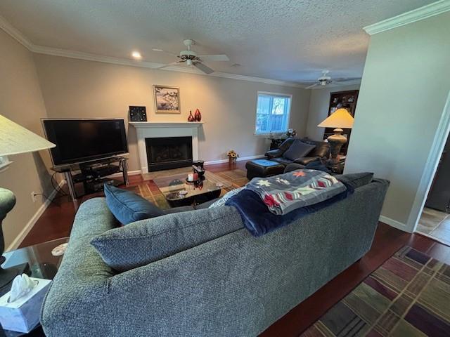 living area featuring a textured ceiling, a fireplace with raised hearth, wood finished floors, and ornamental molding